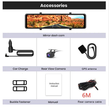 4K 12-Inch Dual Lens Dash Cam – 3840*2160P, WIFI, GPS, APP, Rearview Mirror Camera, Touch Screen Streaming Video Recorder, Car DVR