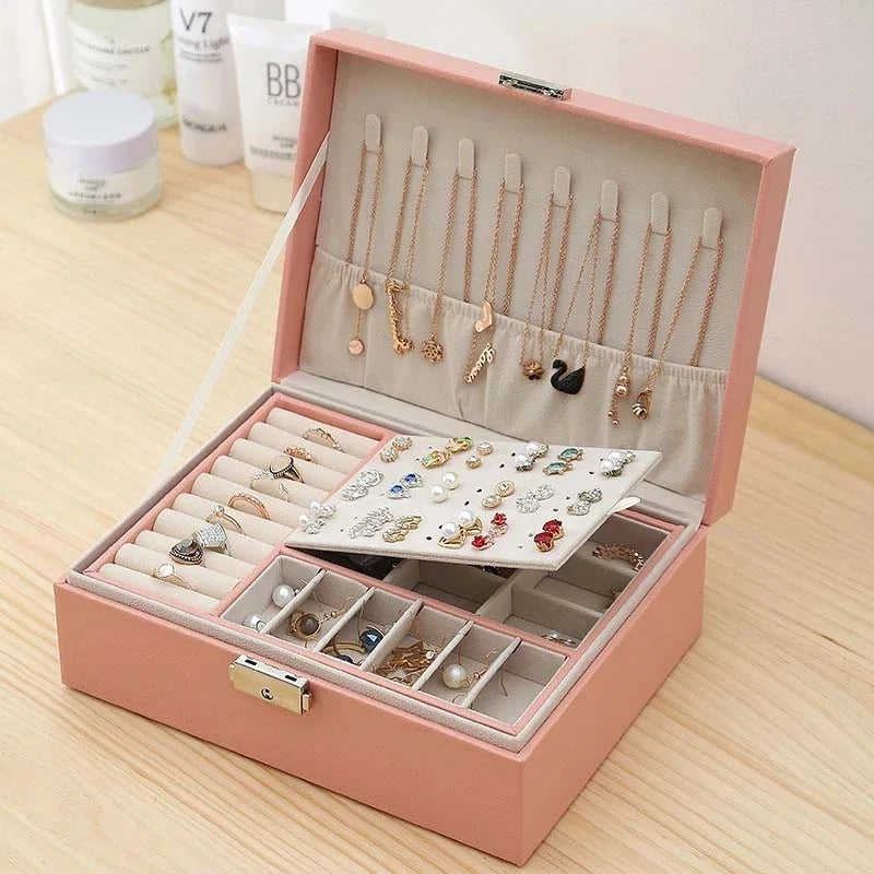 Double-Layer Wooden Jewelry Box – PU Leather Ring & Accessory Organizer with Storage and Makeup Case