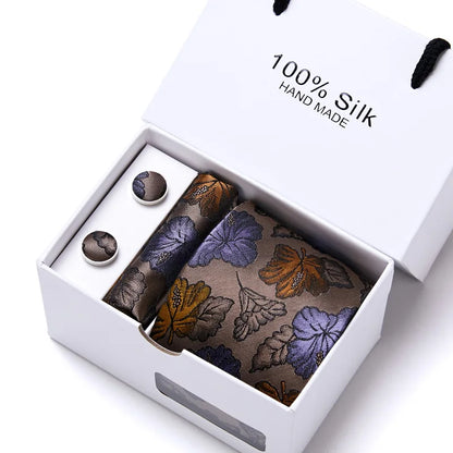 100% Silk Men’s Tie Gift Set - Classic 7.5cm Striped Floral Necktie with Handkerchief for Office, Party & Wedding Formal Wear