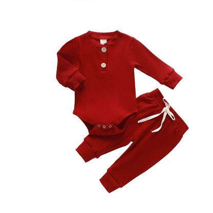 Unisex Baby 2-Piece Outfit Set - Long-Sleeve Ribbed or Plaid Bodysuit with Elastic Pants for Spring & Autumn
