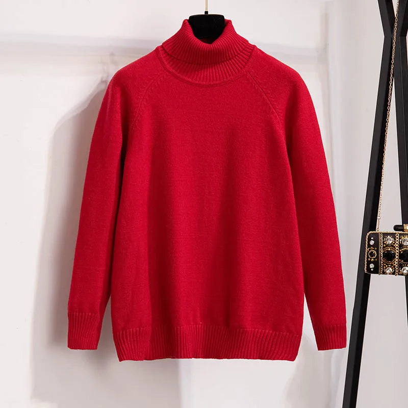 Plus Size 170Kg Women's Turtleneck Knitted Sweater – Loose Fit Pullover, Bust 160cm, Black/Red, 5XL-10XL