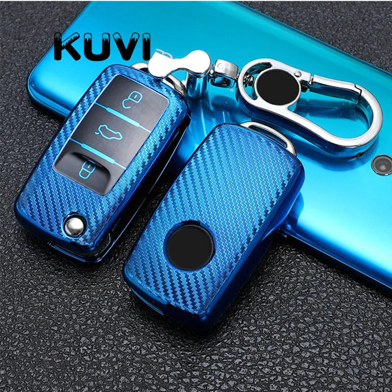 TPU Carbon Fiber Car Key Case Cover for VW & Skoda – Fits Polo, Tiguan, Passat B5 B6 B7, Golf 4 5 6 MK6, Jetta, Lavida, Octavia
