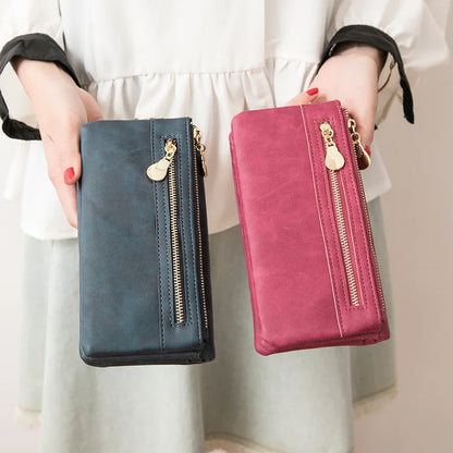 Large Capacity Women's Wallet – Dull Polish Leather, Double Zipper Clutch Wristlet with Phone, Coin & Card Holder Pockets