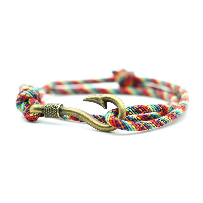 Vintage Fish Hook Men's Bracelet – Double Layer Braided Lucky Wine Red Adjustable Bracelet, Gift for Him