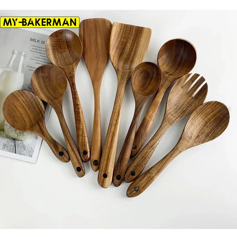1-9pcs Teak Wood Tableware Set – Natural Wooden Cooking Spoons, Colander Spoon & Soup Skimmer Kitchen Tool Kit