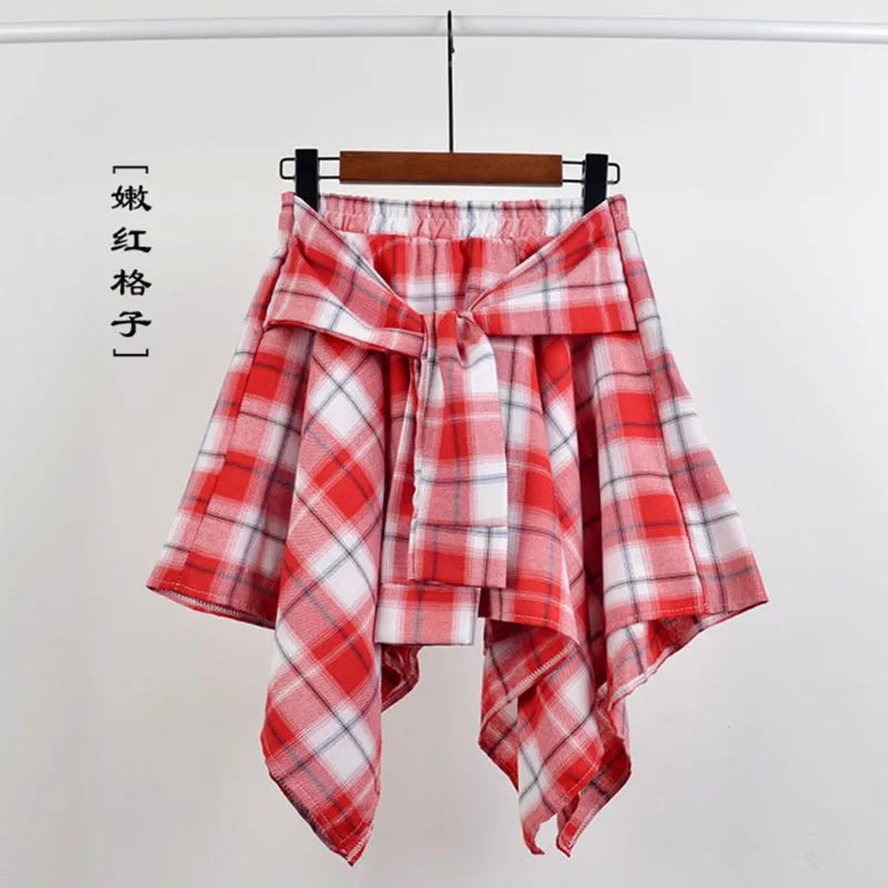 TOTRUST Women’s Fashion Asymmetrical Summer Plaid Mini Skirt – Casual College Style Fake Shirt Design