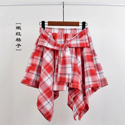 TOTRUST Women’s Fashion Asymmetrical Summer Plaid Mini Skirt – Casual College Style Fake Shirt Design
