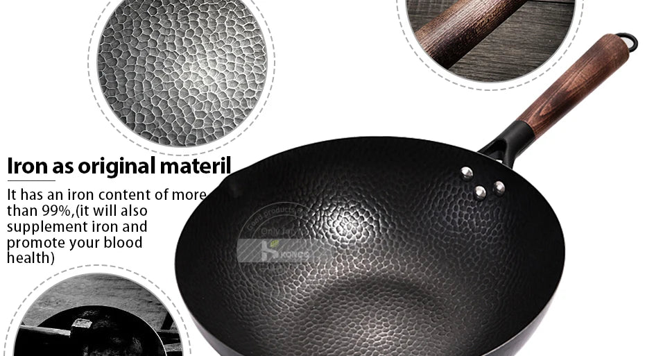 Konco 32cm Cast Iron Wok – Non-Coated Chinese Cookware Pan for Gas & Induction Kitchen Use