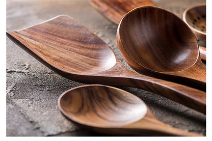 1-7pcs Teak Wood Tableware Set – Natural Wooden Spoons, Colander Spoon & Soup Skimmer Cooking Tool Kit