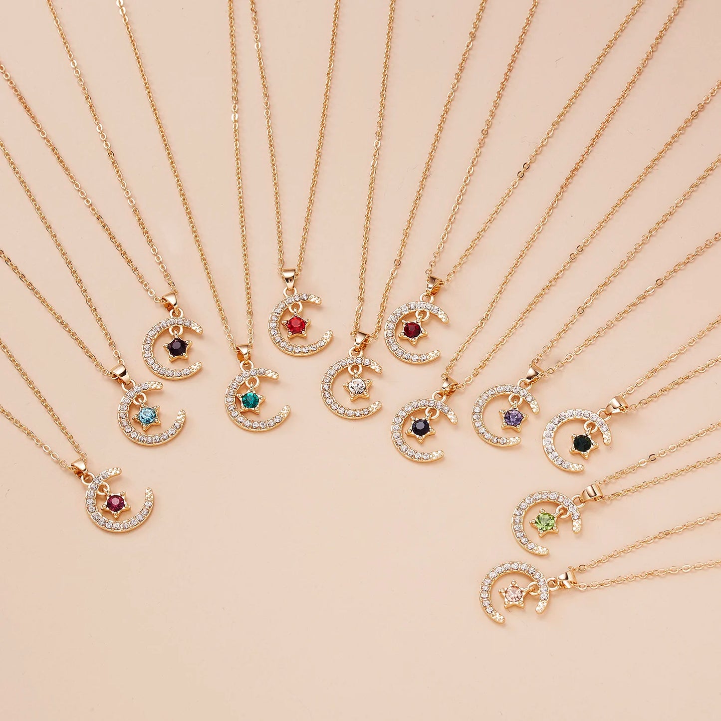 Fashion Birthstone Moon & Star Crystal Pendant Necklace – Women’s Clavicle Chain Choker Jewelry Gift for Parties & Birthdays