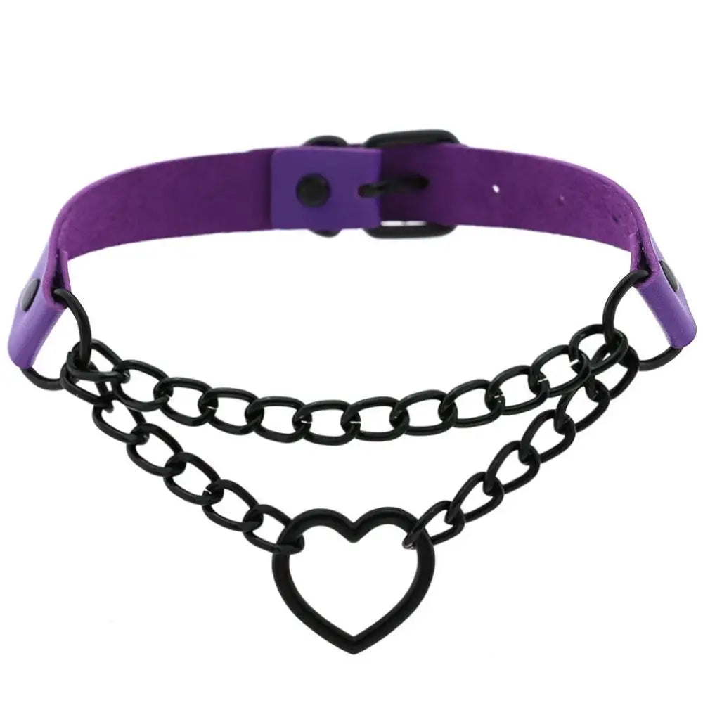 Vintage Heart Necklace Choker – Goth Collar with Chain, Grunge Punk, Cute Kawaii Egirl Harajuku Accessories for Girls