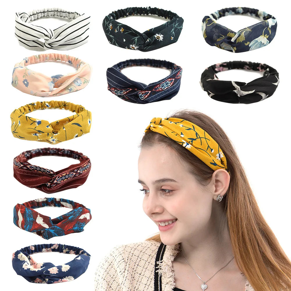 Bohemian Print Headbands for Women & Girls – Vintage Cross Turban Bandana Hair Accessories for Summer