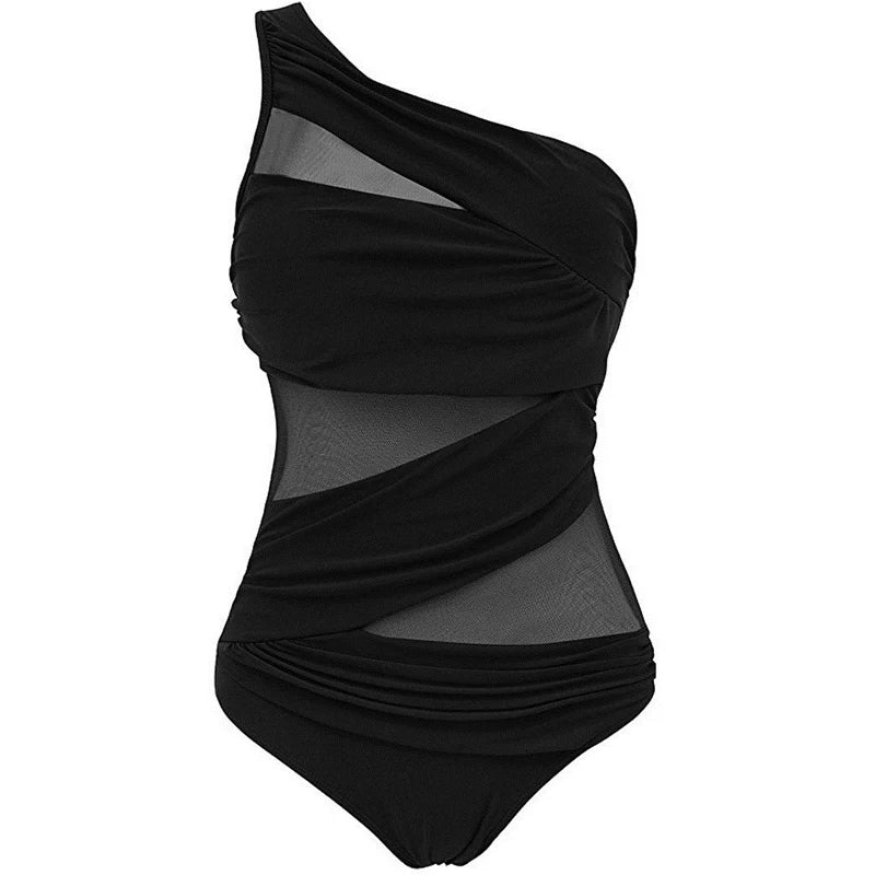 Plus Size One Shoulder Swimsuit - Women's Mesh Push Up Padded Slim Fit Solid Color Bathing Suit