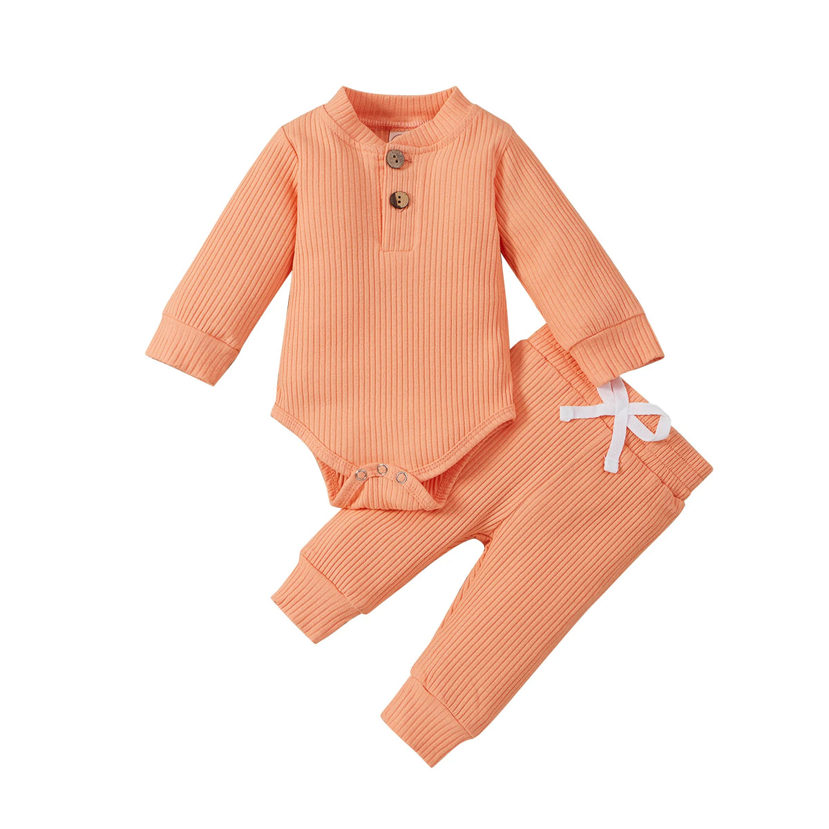 Unisex Baby 2-Piece Outfit Set - Long-Sleeve Ribbed or Plaid Bodysuit with Elastic Pants for Spring & Autumn