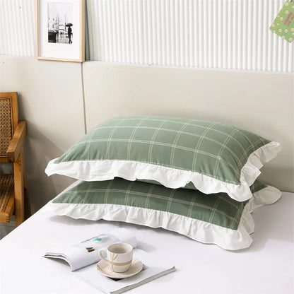 2 Pack 48x74cm Plaid Washed Cotton Pillowcases – Super Soft Ruffled Bedding Covers for Home & Dorm Decor
