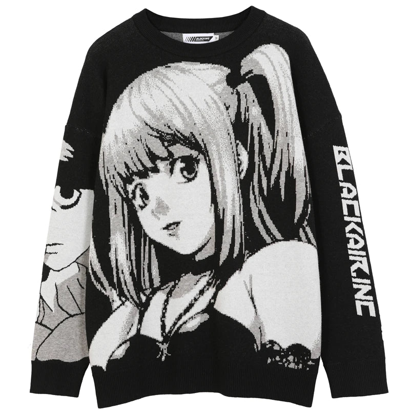 FGKKS Men's Anime Graphic Sweater - Vintage Harajuku Hip Hop Streetwear Cotton Knit Pullover