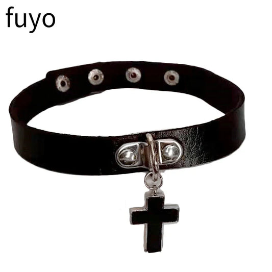 Black Cross Gothic Punk PU Leather Choker – Rock Necklace Jewelry for Women and Men