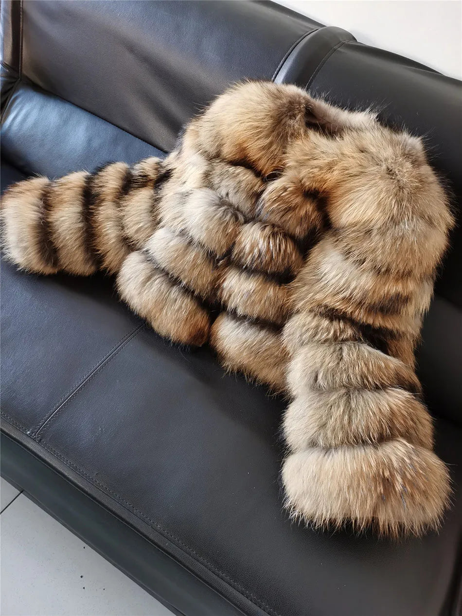 2025 Maomaokong Women’s Real Fur Coat – Natural Raccoon & Fox Fur Jacket with Hood, Warm Winter Outerwear