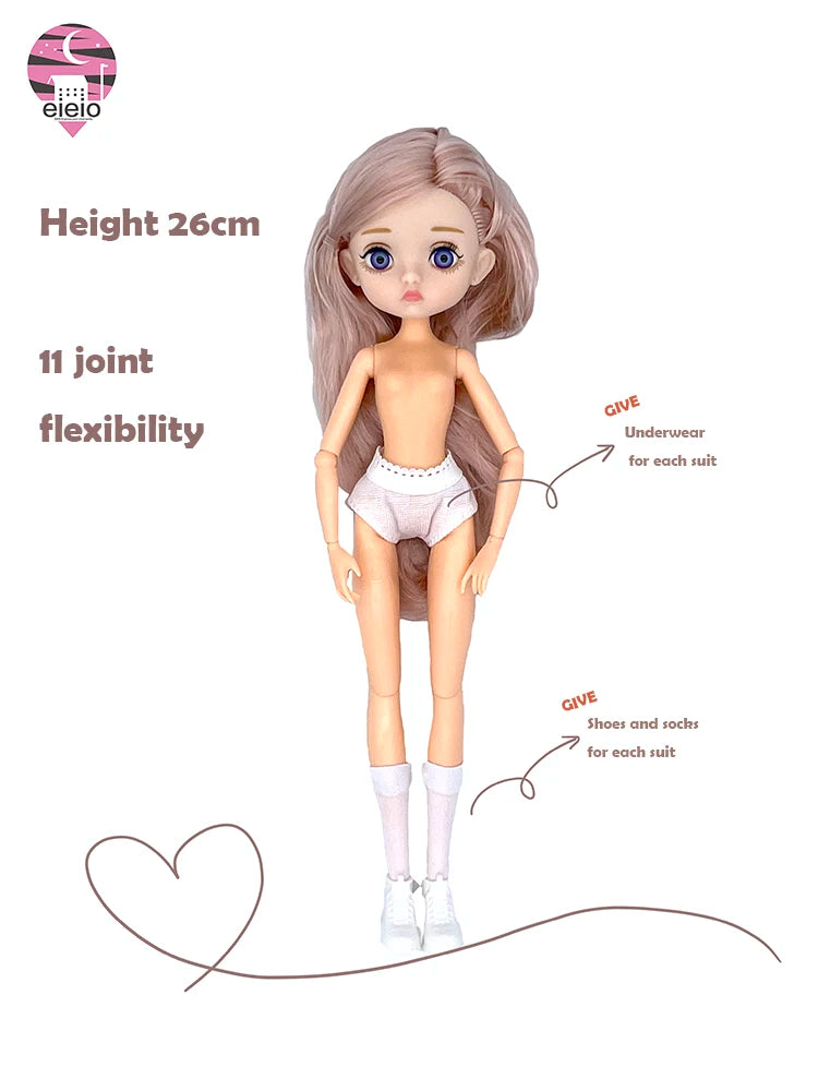 Slim 26cm BJD Doll for Girls – 13 Movable Joints with Princess Outfit, Blue Eyes & Eyelash Accessories