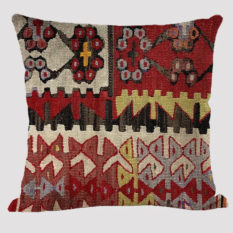 Bohemian Linen Cushion Cover – Multicolor Ethnic Geometric Pattern Decorative Pillow for Living Room Sofa