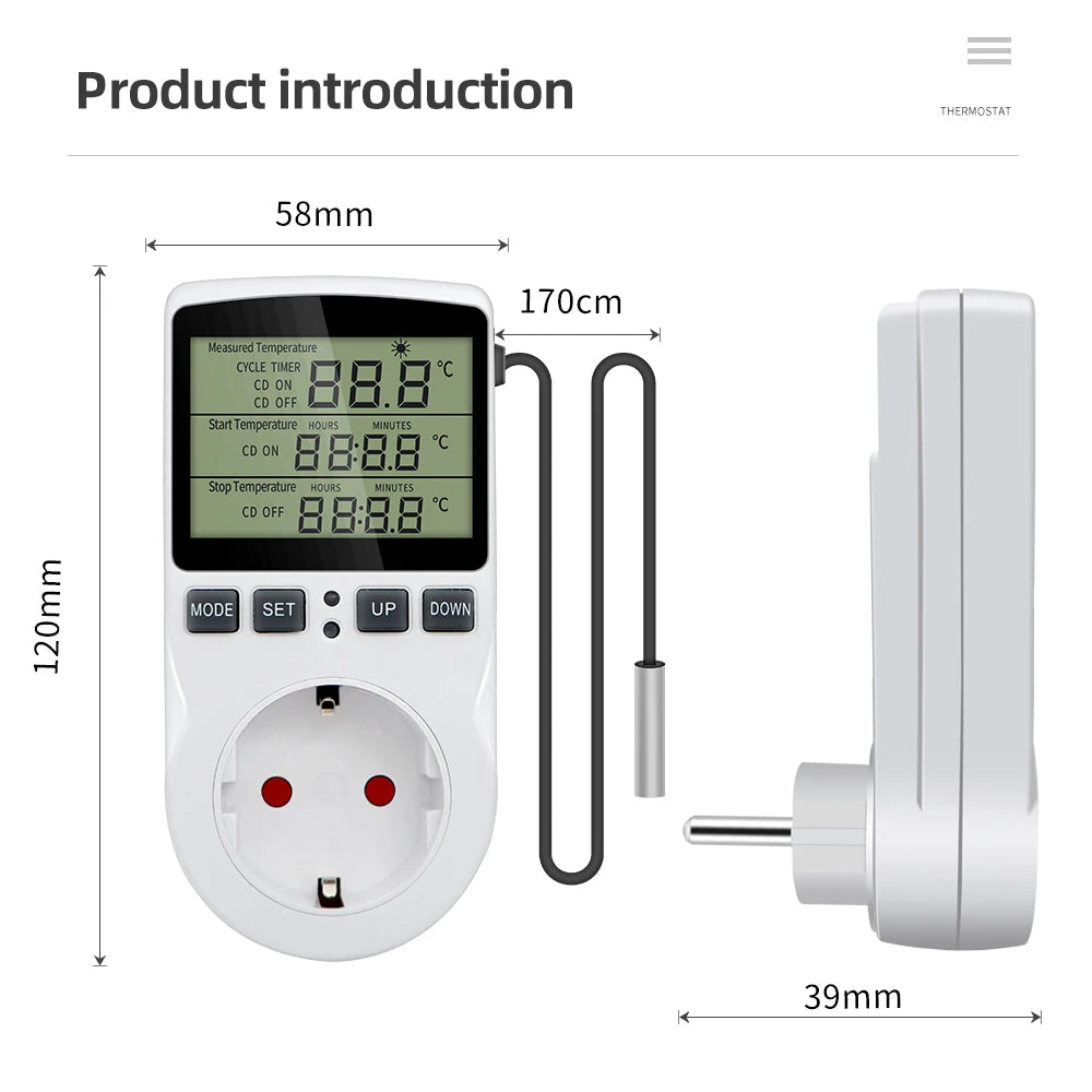 KT3100 Temperature Controller - Multi-Function Thermostat Outlet with Timer, Sensor Probe & Heating/Cooling Control