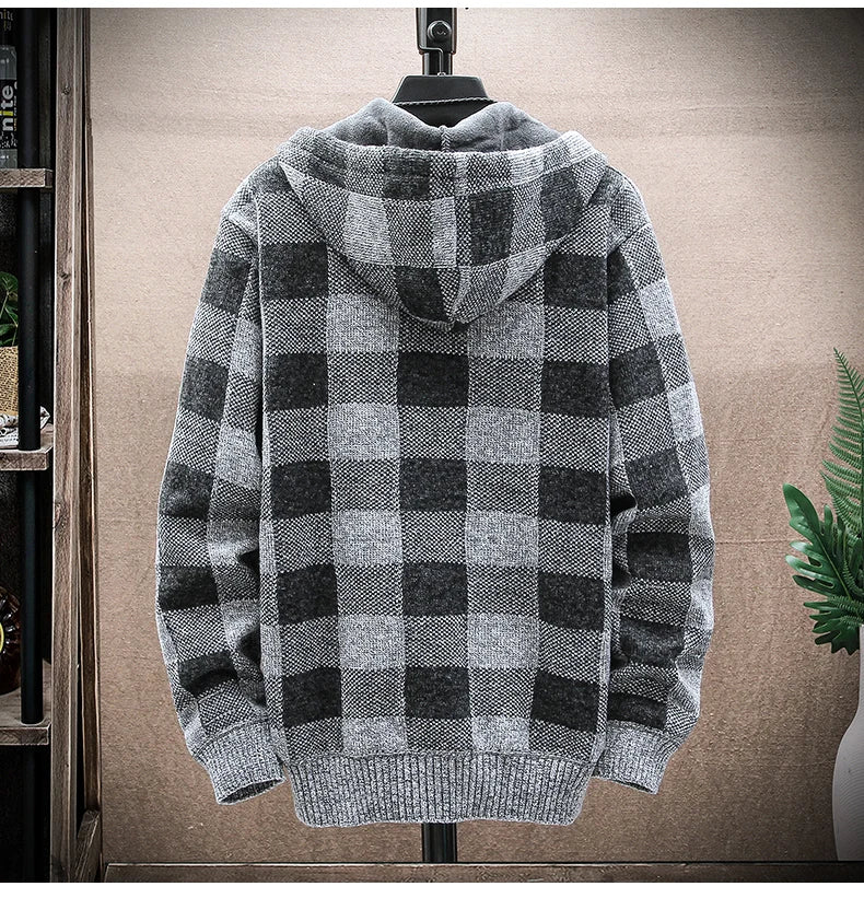 Men's Winter Plaid Hooded Cardigan – Warm Wool Fleece Zipper Jacket Knit Sweater Coat