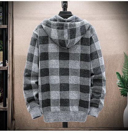 Men's Winter Plaid Hooded Cardigan – Warm Wool Fleece Zipper Jacket Knit Sweater Coat