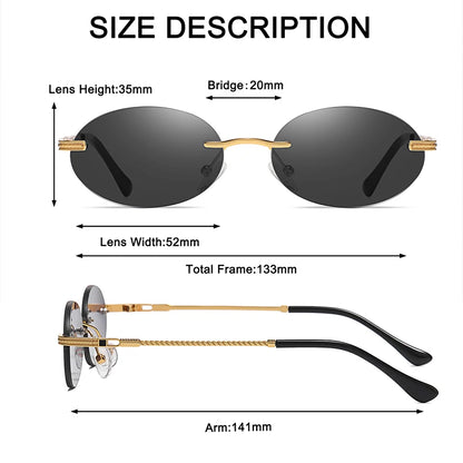 Retro Oval Rimless Sunglasses – Blue Mirror Gold Metal UV400 for Men & Women