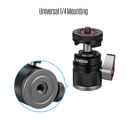Andoer 2 in 1 Ball Head with 1/4" Screw Mount, 360° Aluminum Alloy for Camera, Phone Holder, Speedlite, Tripod, and Selfie Stick