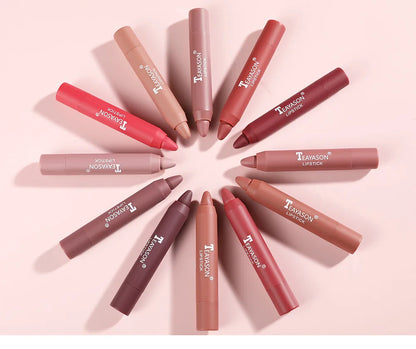12-Color Natural Matte Lipstick Pencil – Silk Lip Glaze Waterproof, Long-Lasting Sexy Lip Tint Makeup