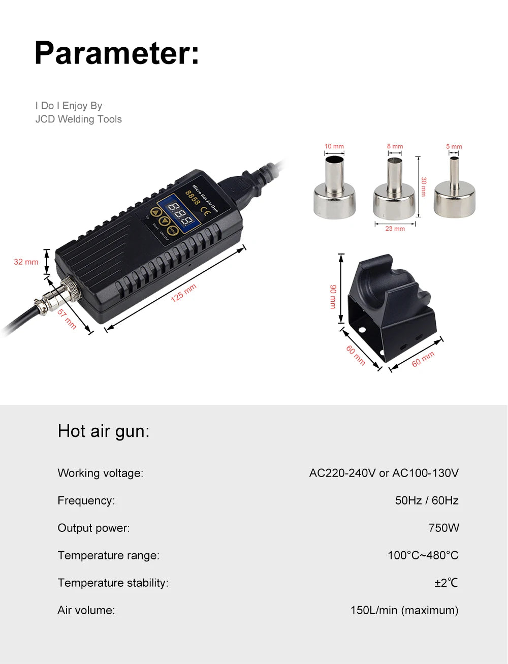 JCD 750W Heat Gun – Digital Display Micro Rework Soldering Station & Hot Air Gun for Welding & Repair, Model 8858