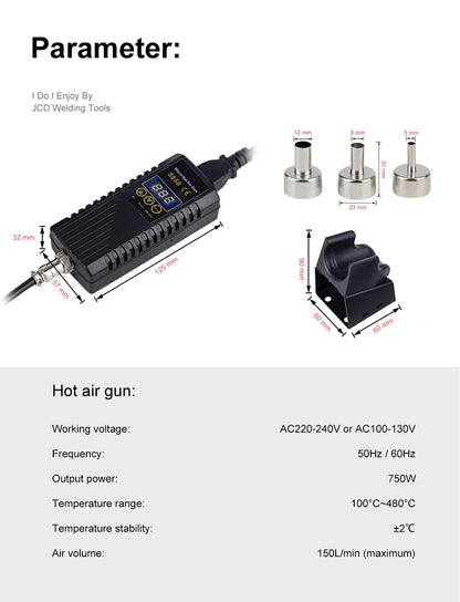 JCD 750W Heat Gun – Digital Display Micro Rework Soldering Station & Hot Air Gun for Welding & Repair, Model 8858