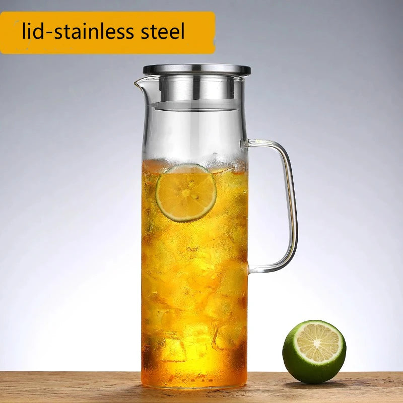 Large Capacity Heat-Resistant Glass Water Pitcher with Handle – 1.2L/1.5L Transparent Cold Drink & Tea Kettle