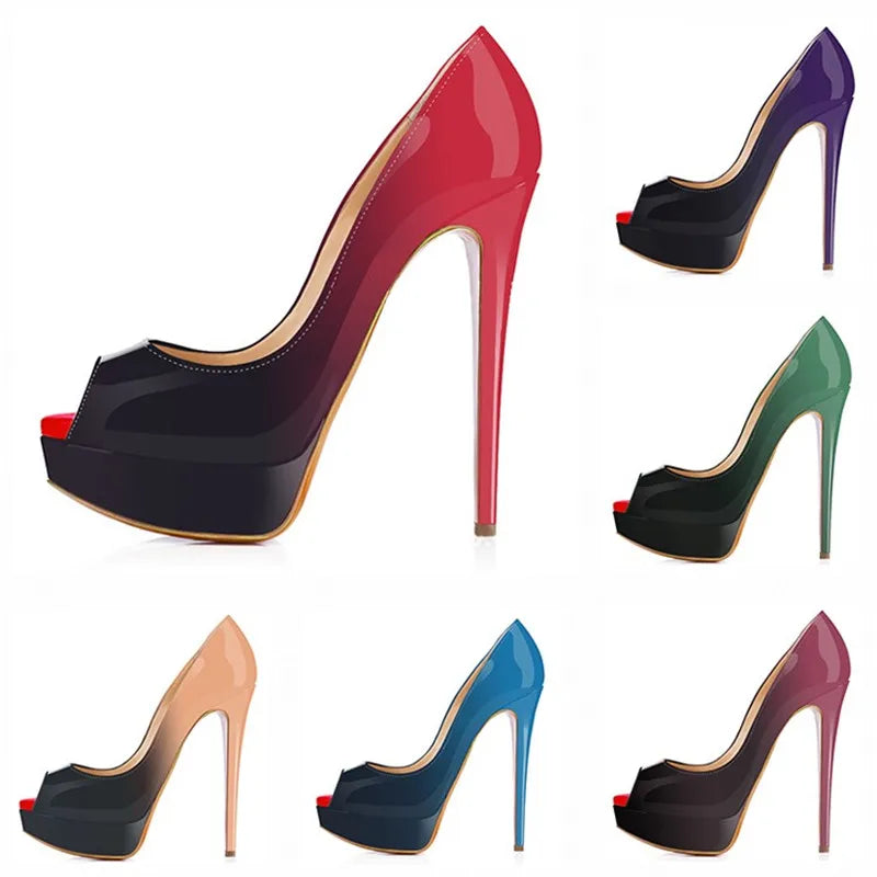 Women’s Sexy Platform Peep Toe Pumps – 14cm Stiletto Patent Leather High Heels for Party & Wedding