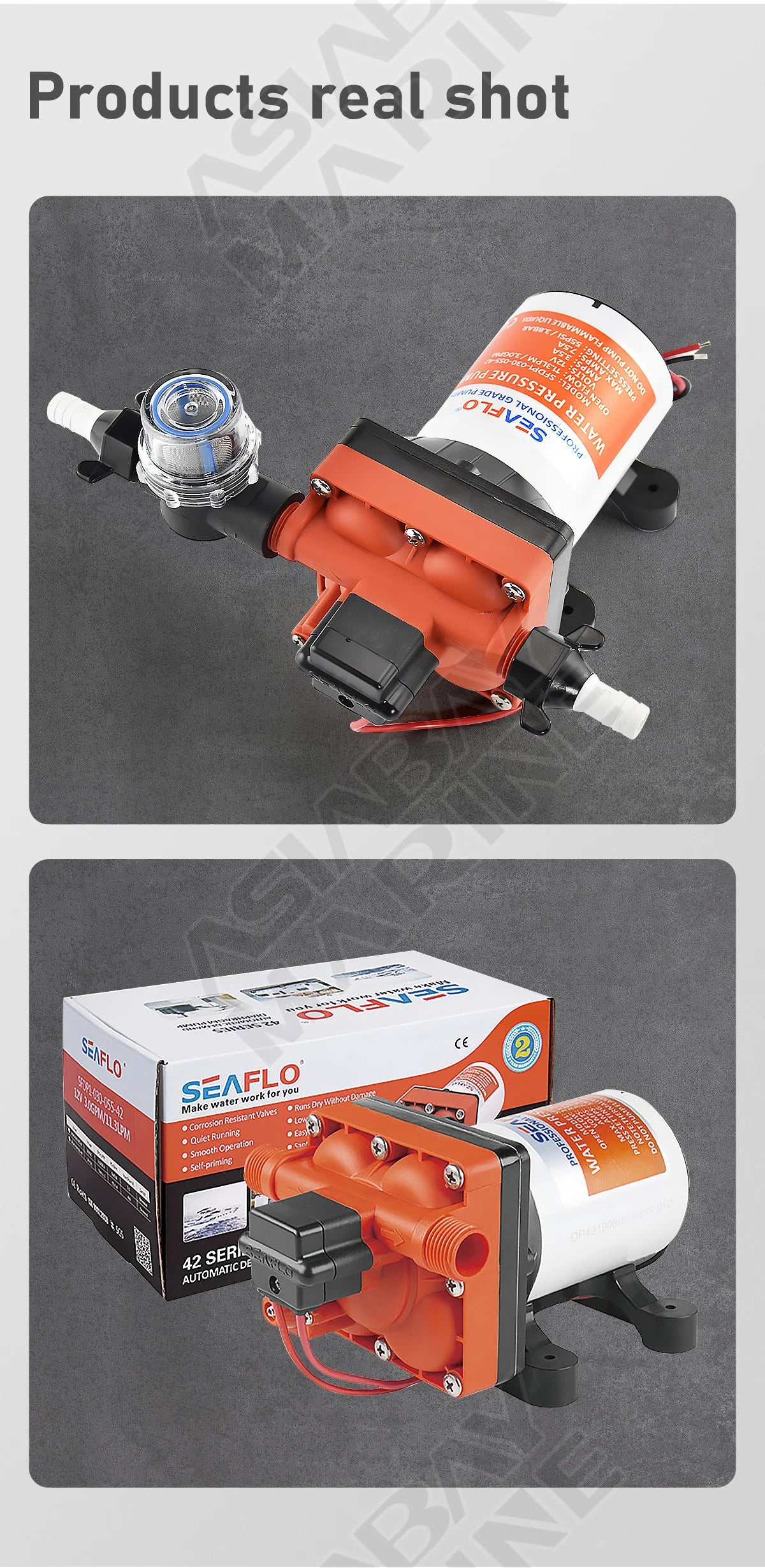 SEAFLO 42 Series Diaphragm Water Pump – 3.0GPM, 55PSI, 12V Electric Pump for Yacht, Boat, Marine, RV, Caravan, High Pressure, 4 Chamber