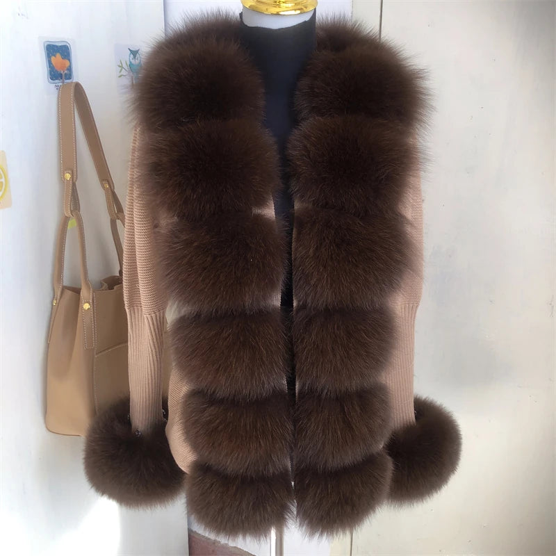 Women’s Spring & Autumn Sweater Cardigan – Real Fox Fur Collar Jacket, Natural Fur Outerwear