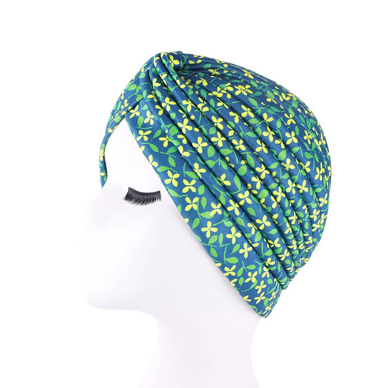 African Print Turban Head Wrap - Soft Stretch Twisted Pleated Beanie Bonnet for Women, Headtie & Chemo Cap