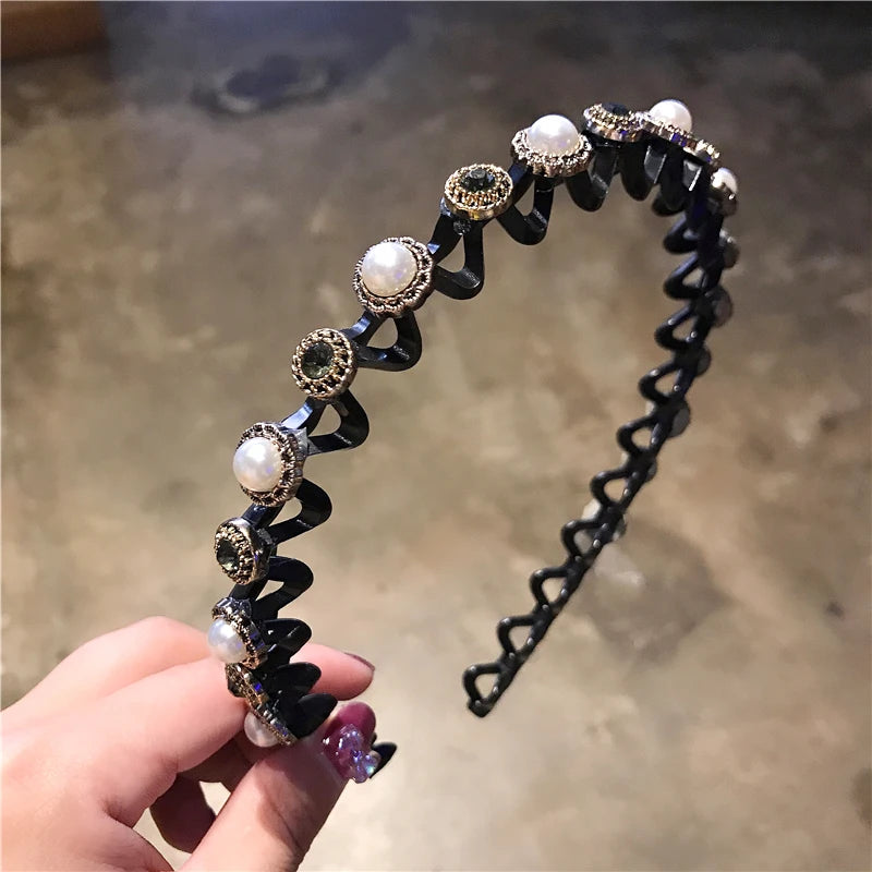 Rhinestone Pearl Flower Hairband - Non-Slip Elastic Headband for Women & Girls