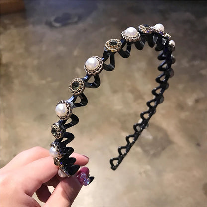 Rhinestone Pearl Flower Hairband - Non-Slip Elastic Headband for Women & Girls