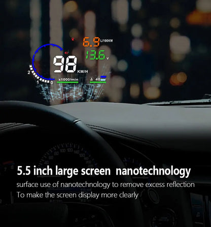 ADQ 5.5" OBD2 HUD Car Head-Up Display – Digital Speedometer, Tachometer, Windshield Projector with Speed, Water Temp & RPM Alarm