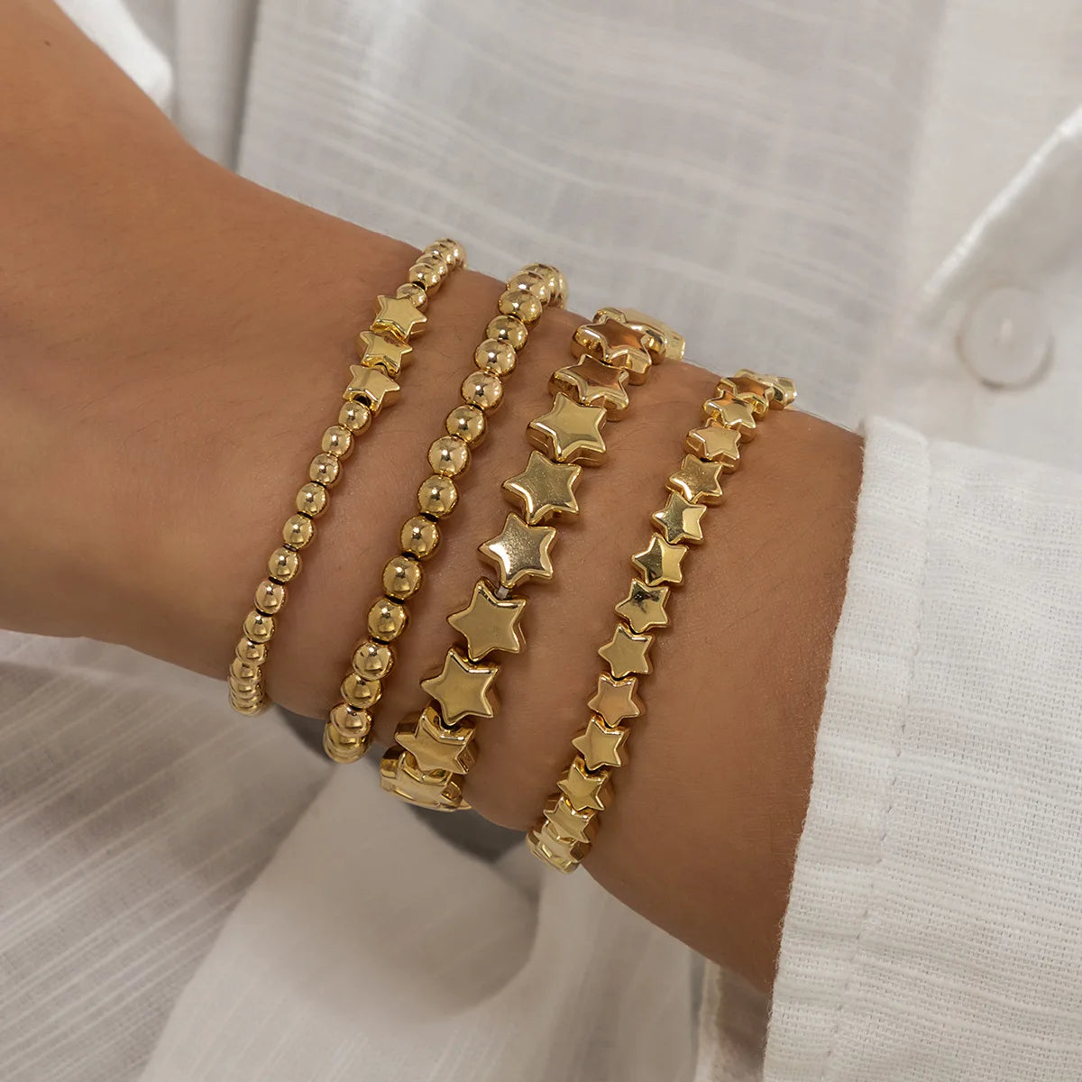 Boho Handmade Beaded Star Bracelet Set — Retro Gold Metal Bracelets for Women, Girly Charm Fashion Jewelry