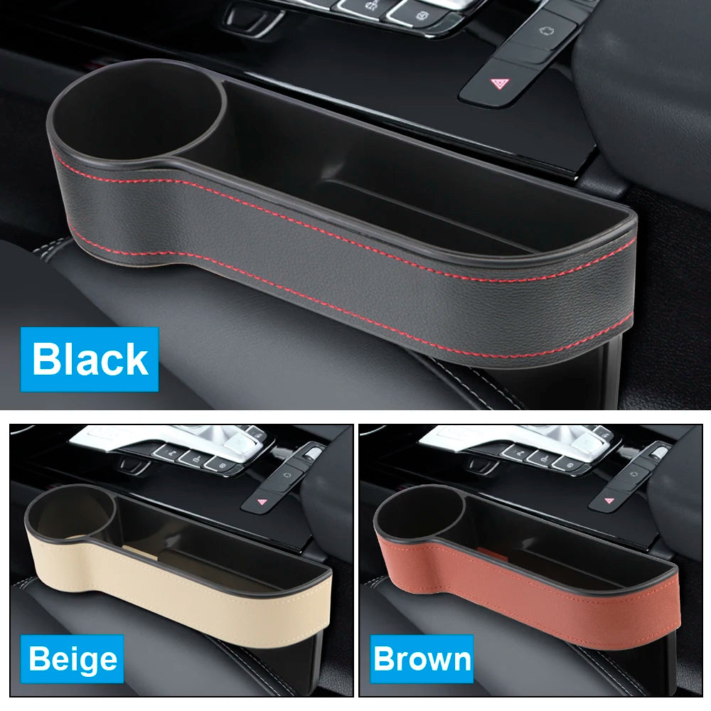 Universal PU Leather Car Seat Gap Organizer – Storage Box with Charging Hole, Phone, Bottle & Key Holder Auto Accessories