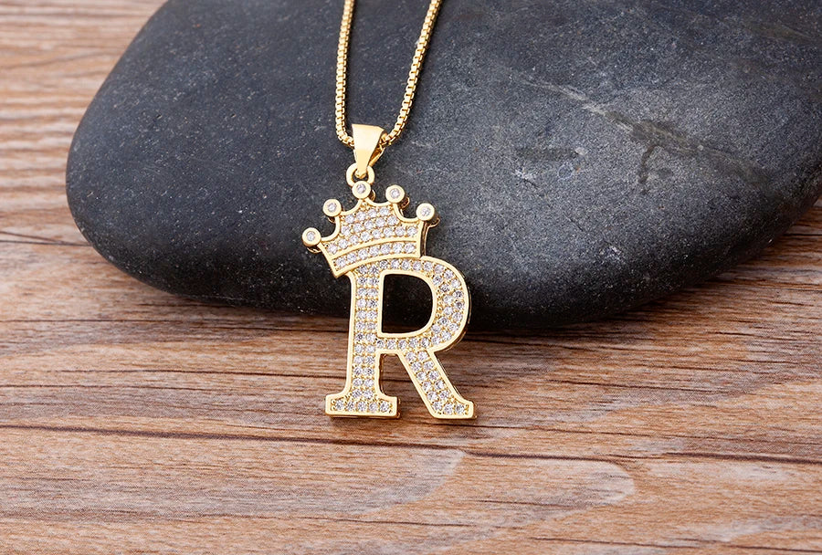 Nidin Luxury A-Z Crown Alphabet Pendant – Copper Zircon Initial Necklace Chain, Hip-Hop Style Jewelry for Men & Women