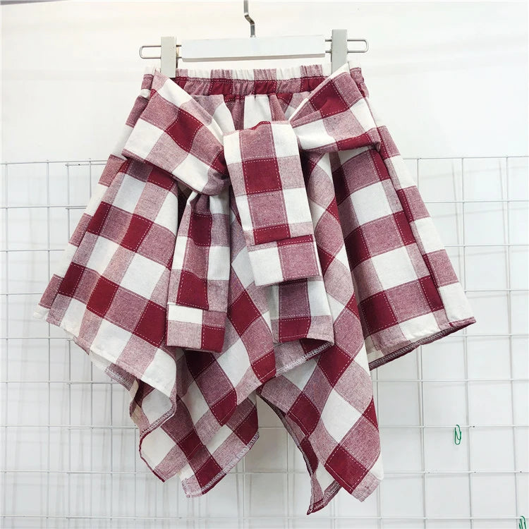 TOTRUST Women’s Fashion Asymmetrical Summer Plaid Mini Skirt – Casual College Style Fake Shirt Design