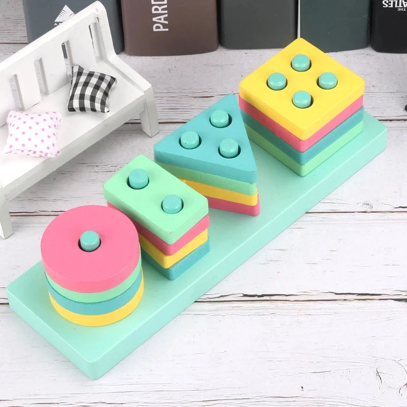 Hot Kids Montessori Wooden Toys – Macaron Blocks Learning Set, Baby Music Rattles & Colorful Educational Blocks