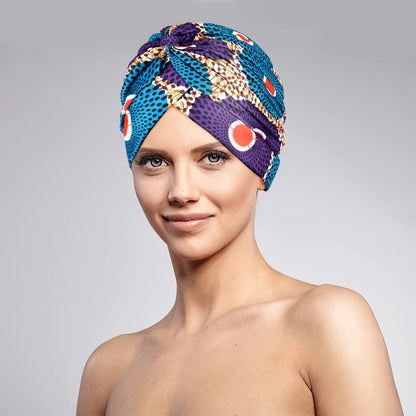 African Print Turban Head Wrap - Soft Stretch Twisted Pleated Beanie Bonnet for Women, Headtie & Chemo Cap