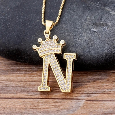 Nidin Luxury A-Z Crown Alphabet Pendant – Copper Zircon Initial Necklace Chain, Hip-Hop Style Jewelry for Men & Women