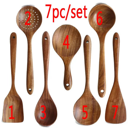 1-7pcs Teak Wood Tableware Set – Natural Wooden Spoons, Colander Spoon & Soup Skimmer Cooking Tool Kit