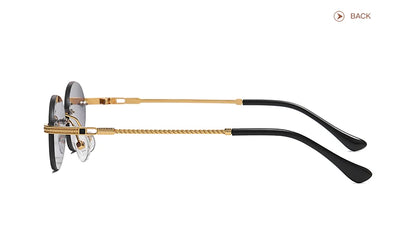 Retro Oval Rimless Sunglasses – Blue Mirror Gold Metal UV400 for Men & Women