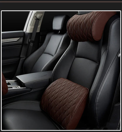 Car Neck & Lumbar Pillow – PU Leather Memory Foam Seat Headrest & Backrest Cushion